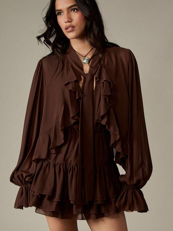 Missguided MISSGUIDED Ruffled Mini Dress With Blouson Sleeves And Tiered Hem