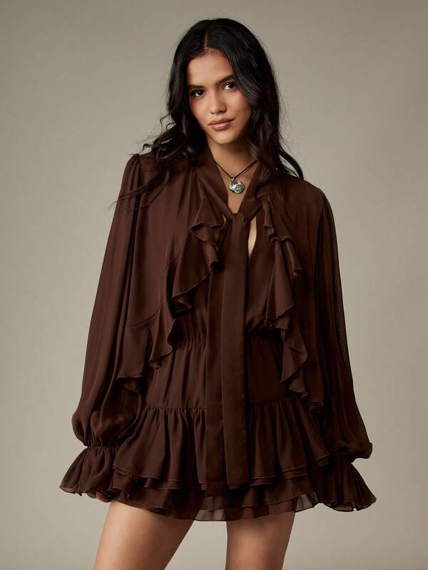 missguided MISSGUIDED Ruffled Mini Dress With Blouson Sleeves And Tiered Hem