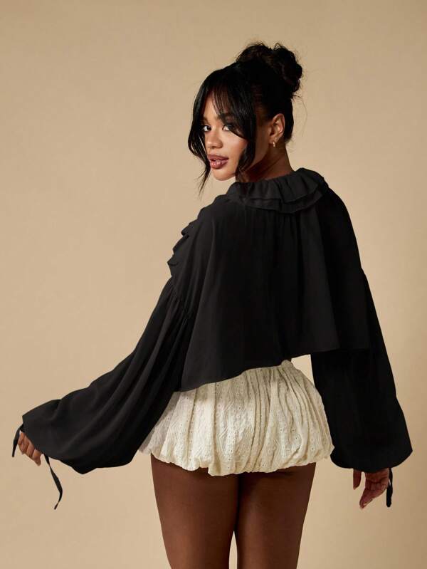 Missguided MISSGUIDED Ruffled Peasant Blouse With Bishop Sleeves And Tie Front