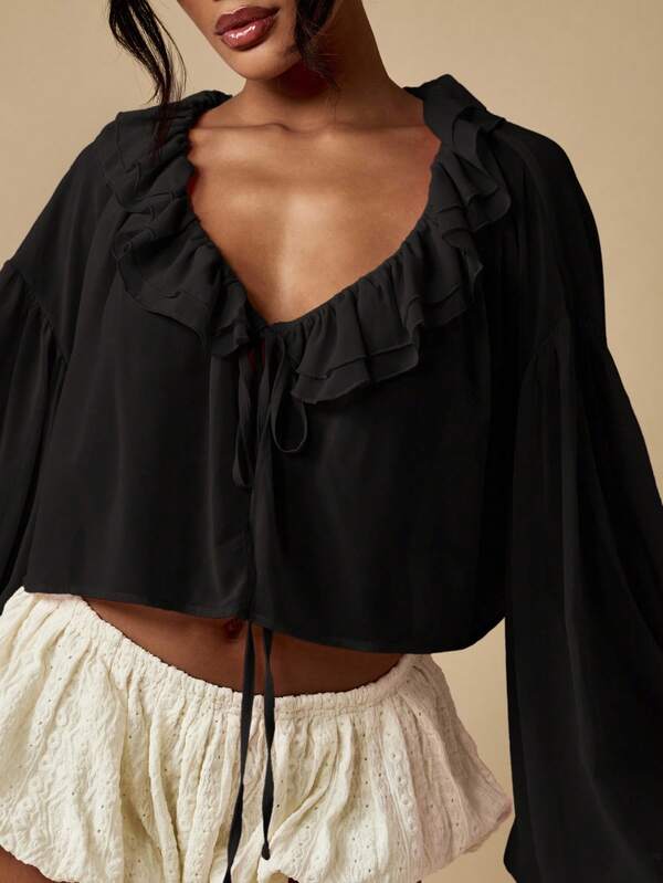 Missguided MISSGUIDED Ruffled Peasant Blouse With Bishop Sleeves And Tie Front