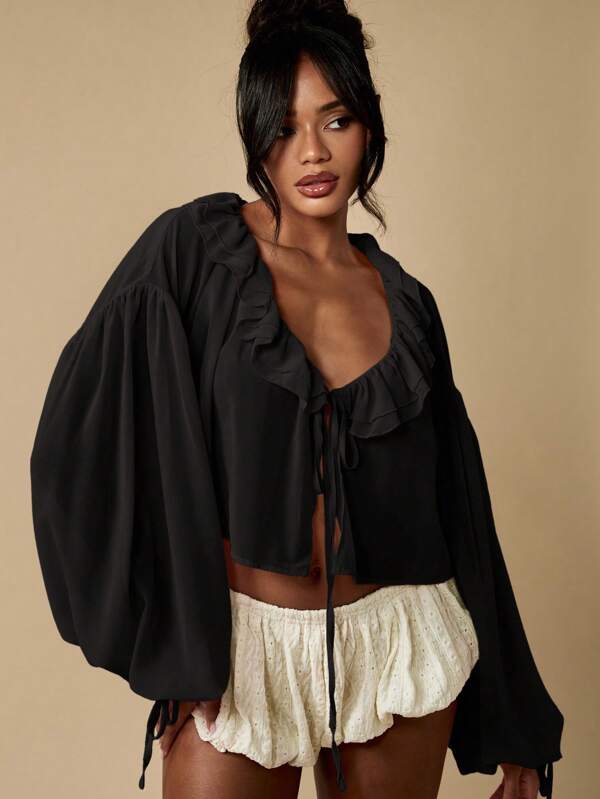 missguided MISSGUIDED Ruffled Peasant Blouse With Bishop Sleeves And Tie Front