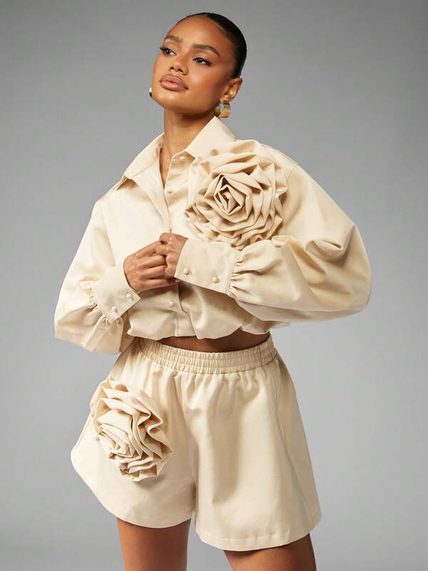 missguided MISSGUIDED Ruffled Rose Applique Shirt And Shorts Set