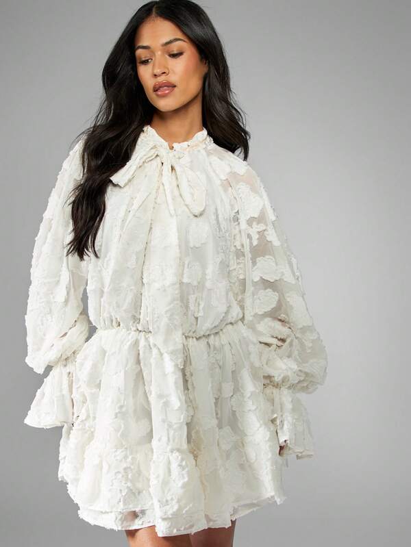 Missguided MISSGUIDED Ruffled Smock Textured Fabric Puff Sleeve Mini Dress