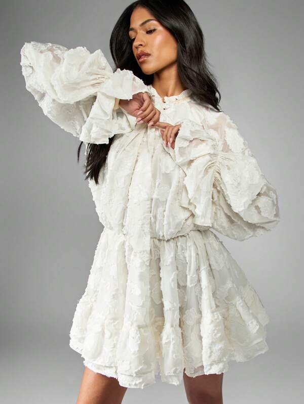 missguided MISSGUIDED Ruffled Smock Textured Fabric Puff Sleeve Mini Dress