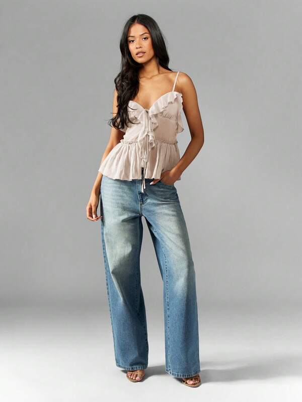 Missguided MISSGUIDED Ruffled Smocked Chiffon Peplum Sleeveless Cami Tank Top