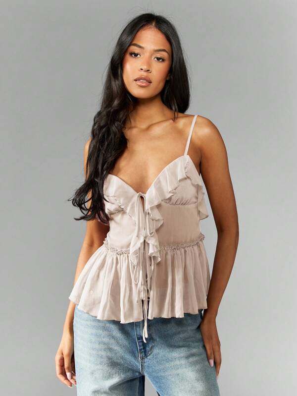 missguided MISSGUIDED Ruffled Smocked Chiffon Peplum Sleeveless Cami Tank Top