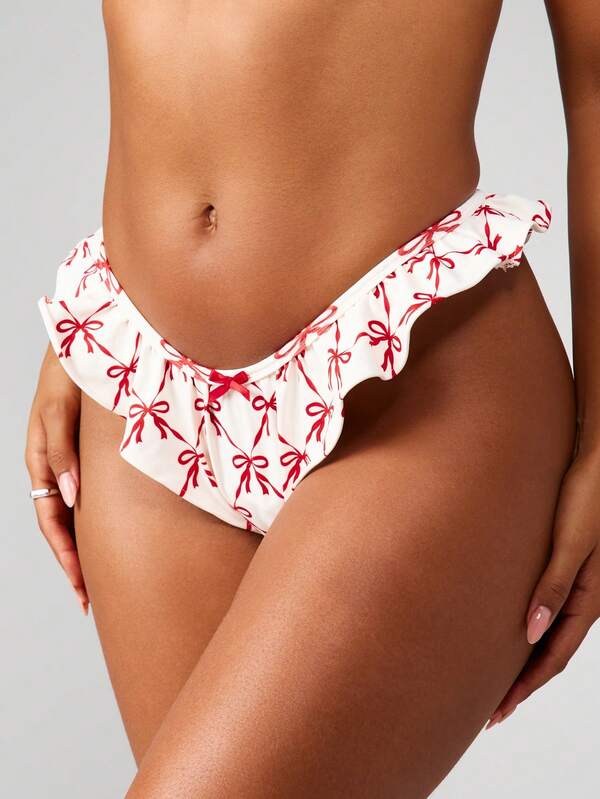 Missguided MISSGUIDED Ruffled Thong With Bow Print Pattern And Frilly Trim