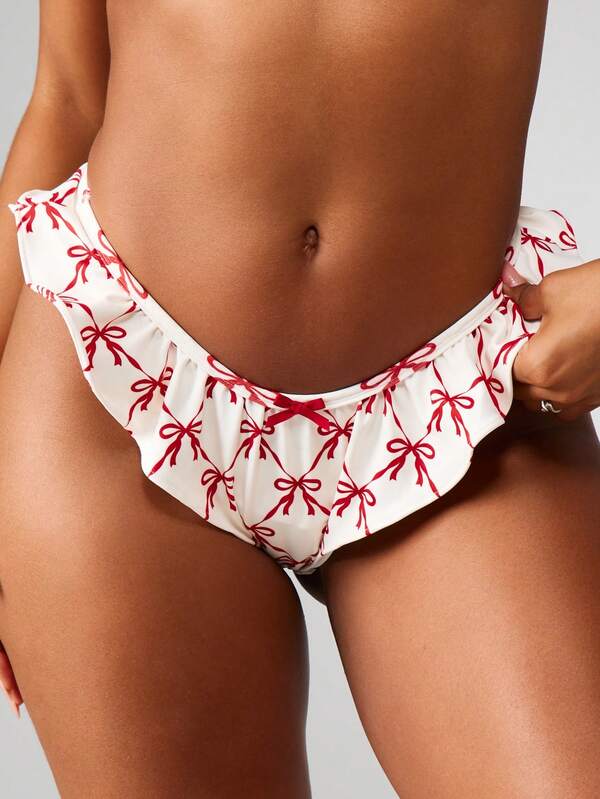 missguided MISSGUIDED Ruffled Thong With Bow Print Pattern And Frilly Trim
