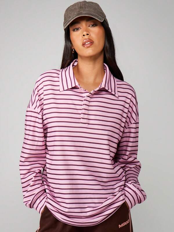 Missguided MISSGUIDED Rugby Striped Long Sleeve Collared Sweatshirt