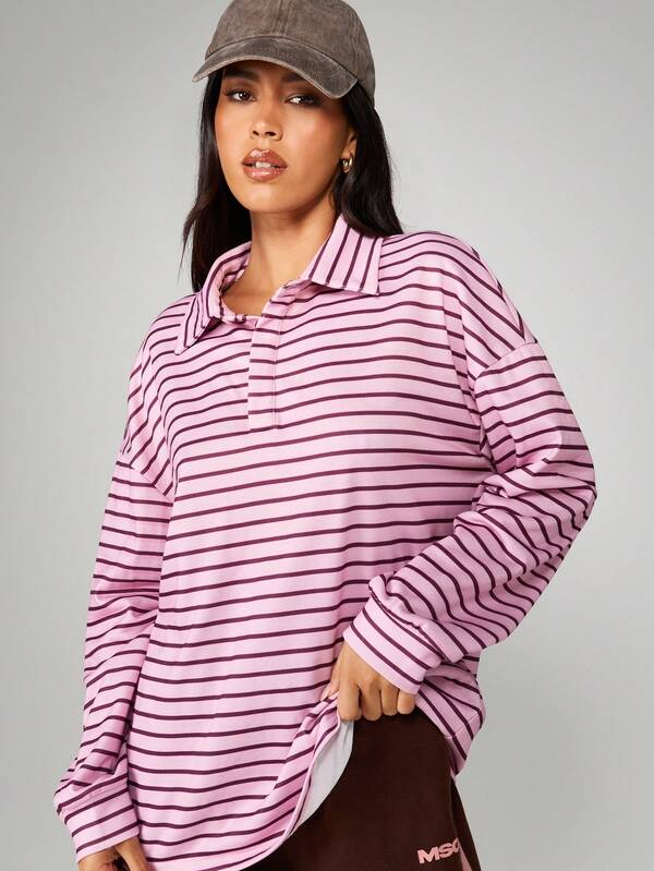 missguided MISSGUIDED Rugby Striped Long Sleeve Collared Sweatshirt