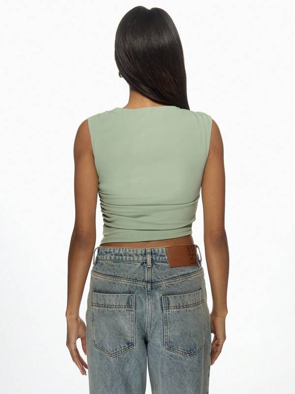 Missguided MISSGUIDED Sage Green Asymmetric One Shoulder Ruched Crop Top