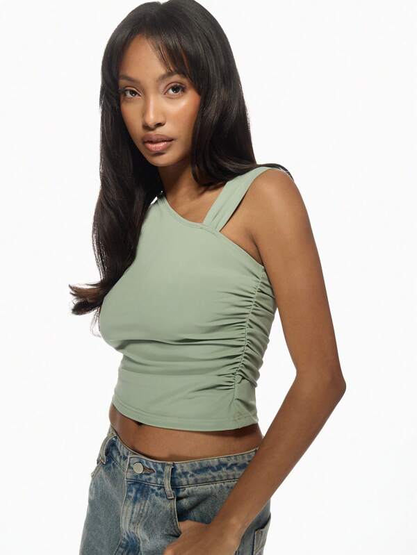 Missguided MISSGUIDED Sage Green Asymmetric One Shoulder Ruched Crop Top