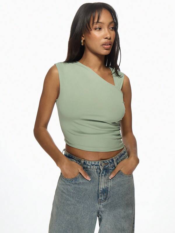 missguided MISSGUIDED Sage Green Asymmetric One Shoulder Ruched Crop Top