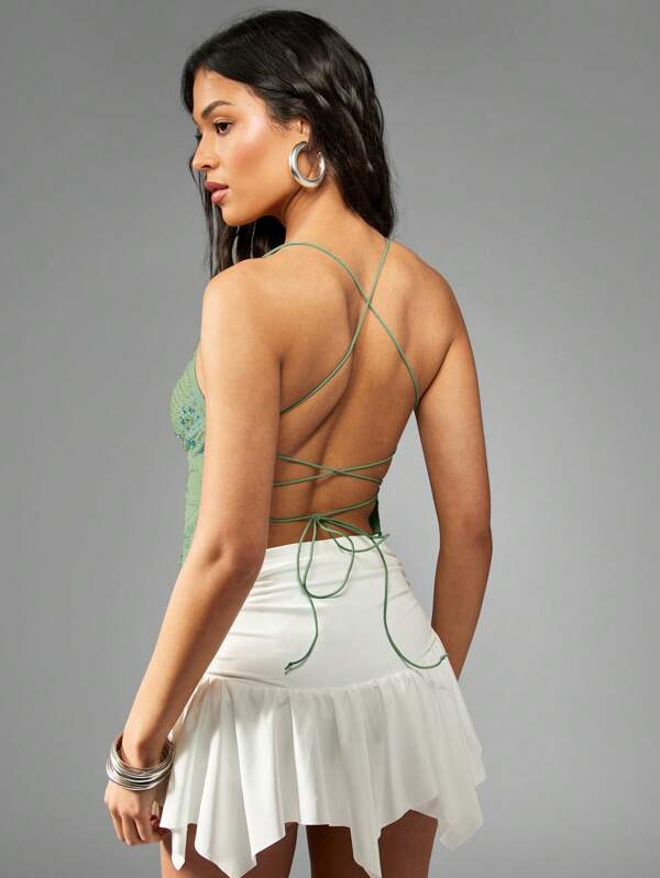 Missguided MISSGUIDED Sage Green Sequin Embellished Backless Tie Back Cami Top