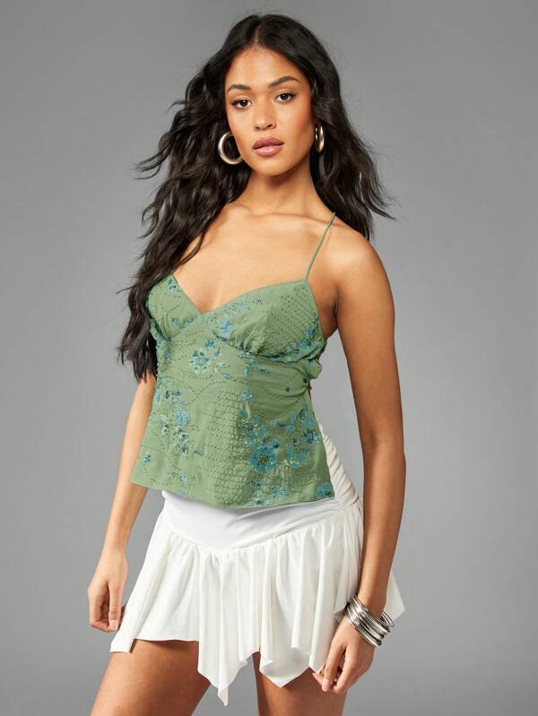 missguided MISSGUIDED Sage Green Sequin Embellished Backless Tie Back Cami Top
