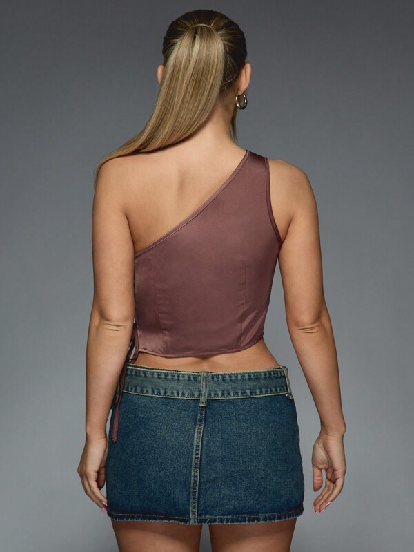 Missguided MISSGUIDED Satin Asymmetric One Shoulder Top With Ties
