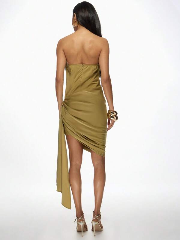 Missguided MISSGUIDED Satin Bandeau Ruched Asymmetrical Side Drape Bodycon Midi Dress