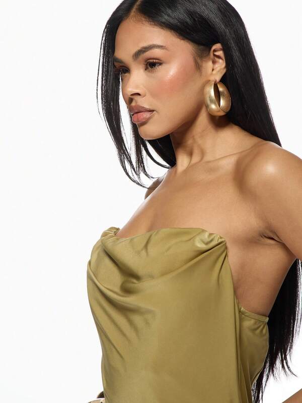 Missguided MISSGUIDED Satin Bandeau Ruched Asymmetrical Side Drape Bodycon Midi Dress