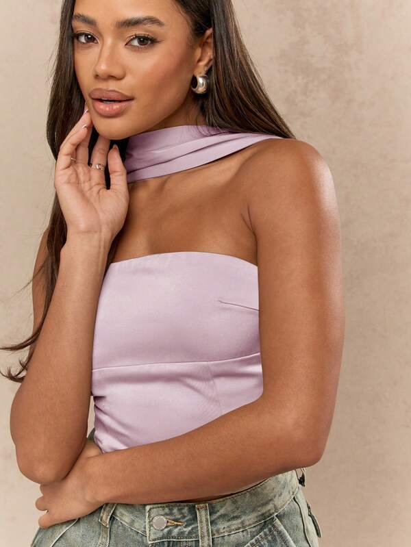 Missguided MISSGUIDED Satin Bandeau Tie Neck Corset Strapless Top