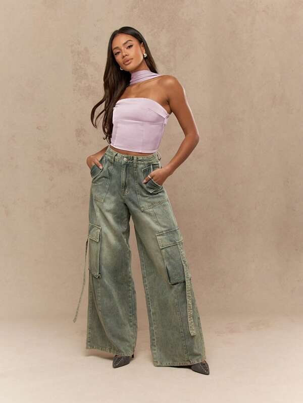 Missguided MISSGUIDED Satin Bandeau Tie Neck Corset Strapless Top