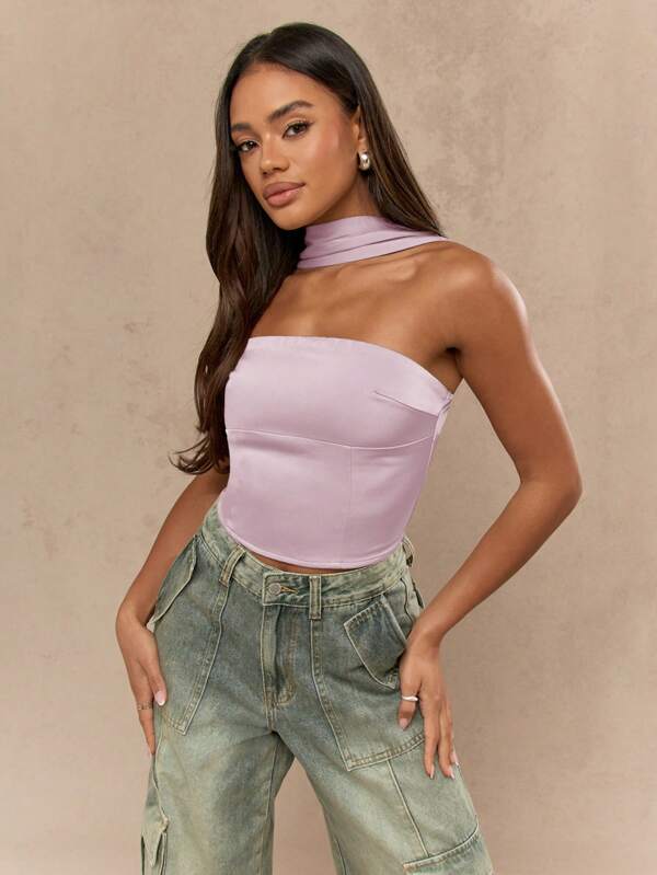 missguided MISSGUIDED Satin Bandeau Tie Neck Corset Strapless Top