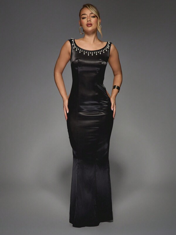 missguided MISSGUIDED Satin Beads Embellished Off Shoulder Flare Hem Maxi Dress