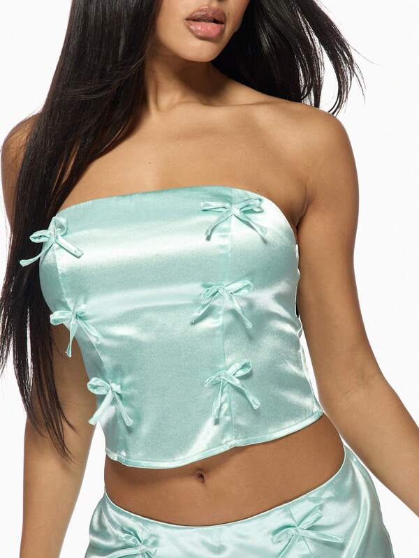 Missguided MISSGUIDED Satin Bow Detail Mini Skirt Corset Co-Ord Set