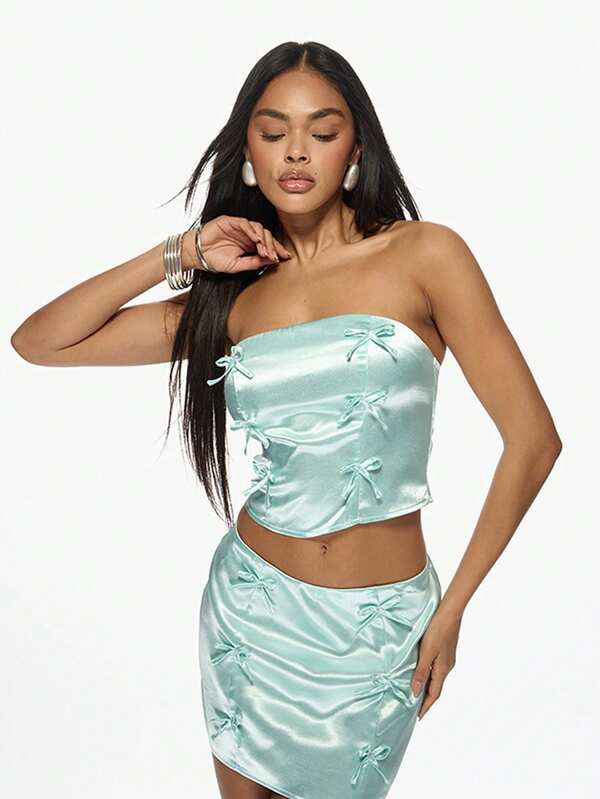missguided MISSGUIDED Satin Bow Detail Mini Skirt Corset Co-Ord Set