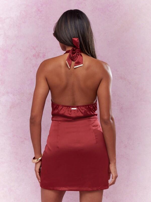 Missguided MISSGUIDED Satin Buttoned Halter Neck Backless Mini Dress With Pockets