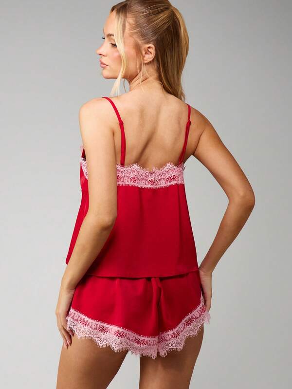 Missguided MISSGUIDED Satin Cami And Short Set With Lace Trim