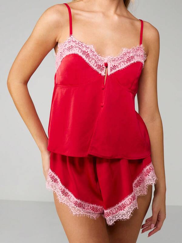 missguided MISSGUIDED Satin Cami And Short Set With Lace Trim
