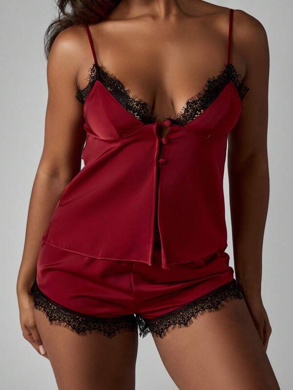 Missguided MISSGUIDED Satin Cami Top With Lace Trim And Matching Shorts