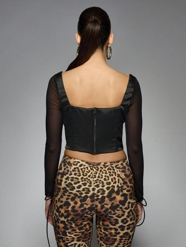 Missguided MISSGUIDED Satin Corset Top With Mesh Sleeves