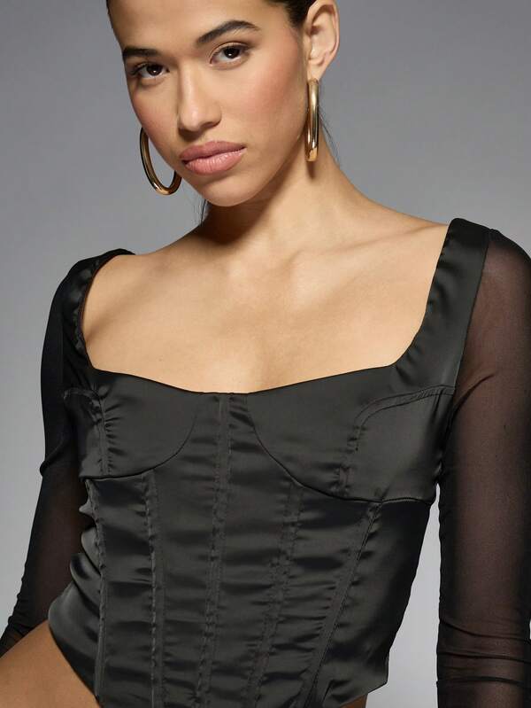 Missguided MISSGUIDED Satin Corset Top With Mesh Sleeves
