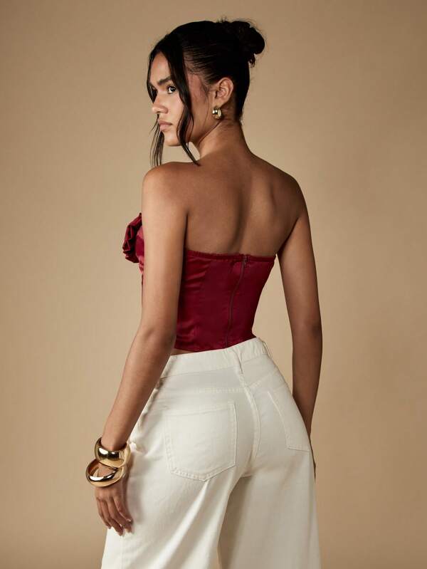 Missguided MISSGUIDED Satin Corset Top With Rose Detail And Ruched Boning