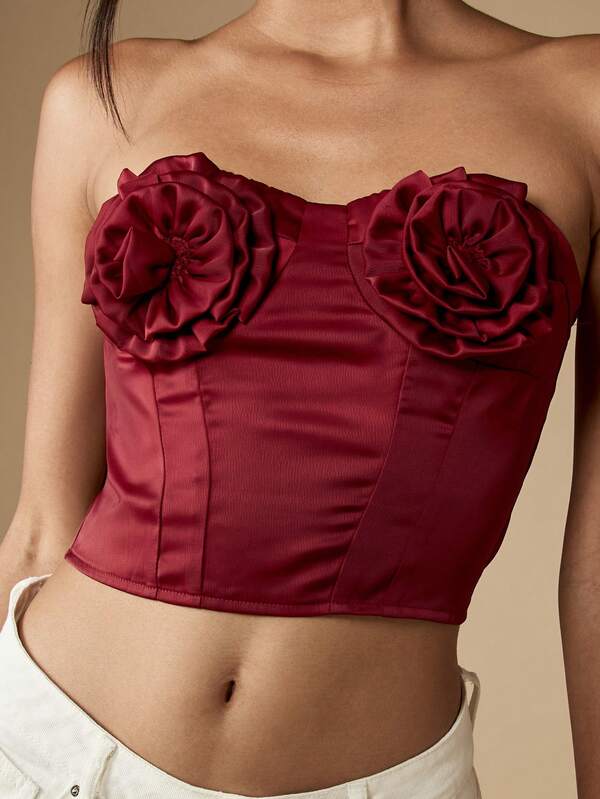 Missguided MISSGUIDED Satin Corset Top With Rose Detail And Ruched Boning