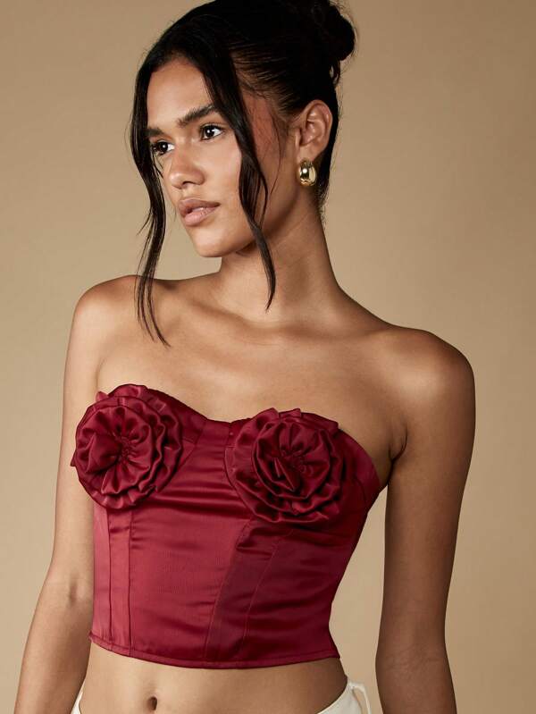 missguided MISSGUIDED Satin Corset Top With Rose Detail And Ruched Boning