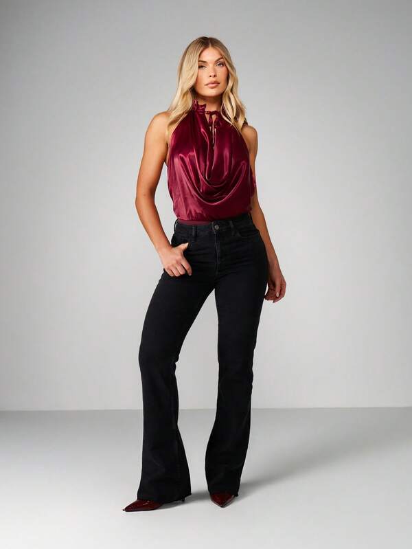 Missguided MISSGUIDED Satin Cowl Neck Halter Bodysuit