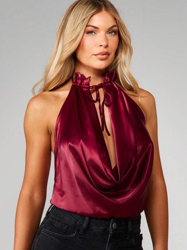missguided MISSGUIDED Satin Cowl Neck Halter Bodysuit
