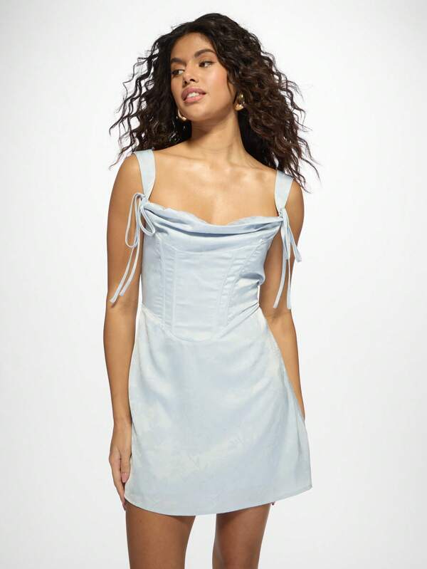 missguided MISSGUIDED Satin Cowl Neck Mini Dress With Corset Tie Shoulders Skater Style