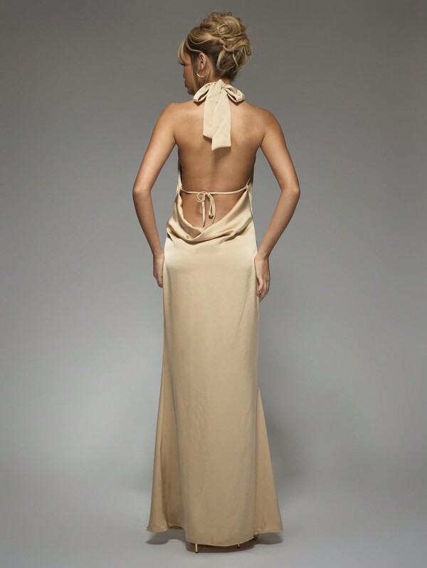 Missguided MISSGUIDED Satin Cowl Plunge Cross Neck Backless Flare Hem Maxi Dress