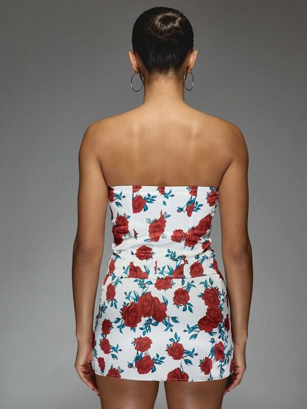 Missguided MISSGUIDED Satin Floral Print Corset Bandeau Top And Bodycon Mini Skirt Two Piece Co Ord Set