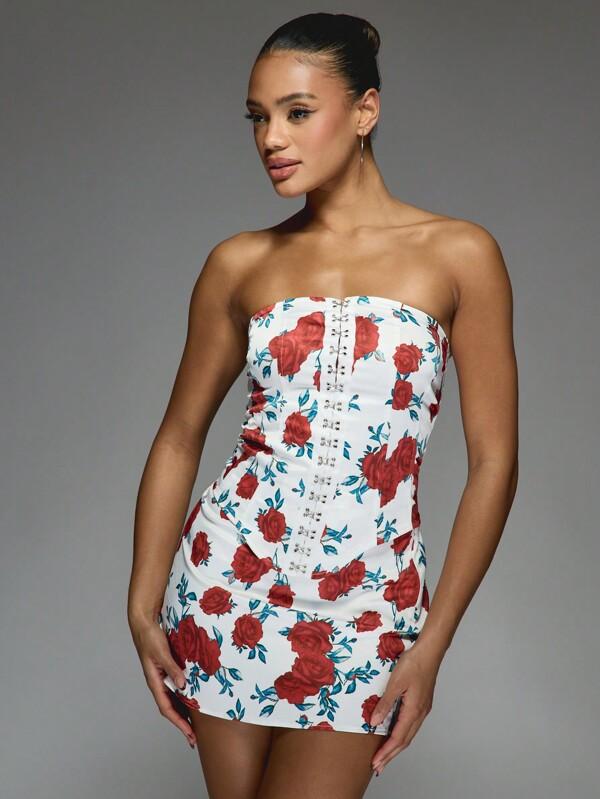 missguided MISSGUIDED Satin Floral Print Corset Bandeau Top And Bodycon Mini Skirt Two Piece Co Ord Set