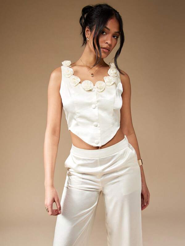 Missguided MISSGUIDED Satin Floral Trim Corset Top And Wide Leg Trouser Two Piece Co-Ord Set