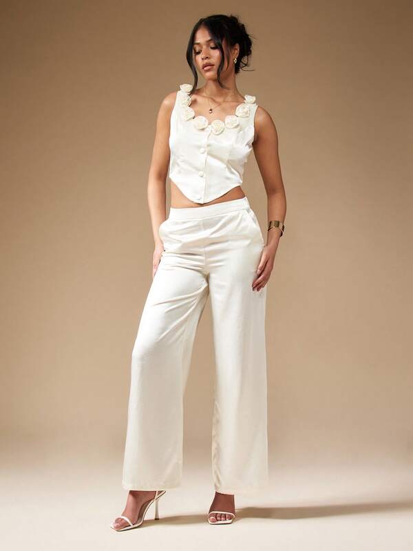 Missguided MISSGUIDED Satin Floral Trim Corset Top And Wide Leg Trouser Two Piece Co-Ord Set