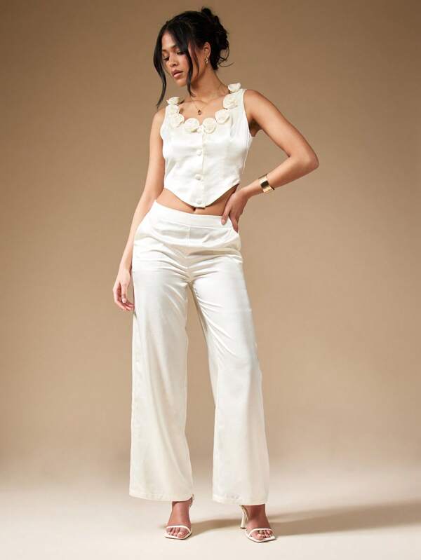 missguided MISSGUIDED Satin Floral Trim Corset Top And Wide Leg Trouser Two Piece Co-Ord Set