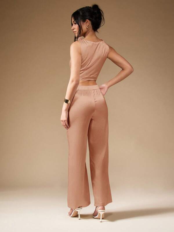 Missguided MISSGUIDED Satin Floral Trim Corset Top Wide Leg Pants Two Piece Outfit
