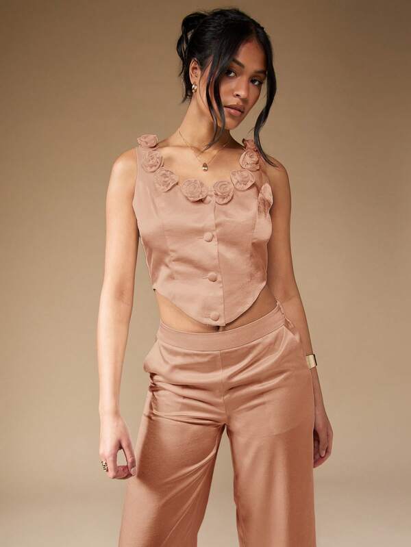 Missguided MISSGUIDED Satin Floral Trim Corset Top Wide Leg Pants Two Piece Outfit
