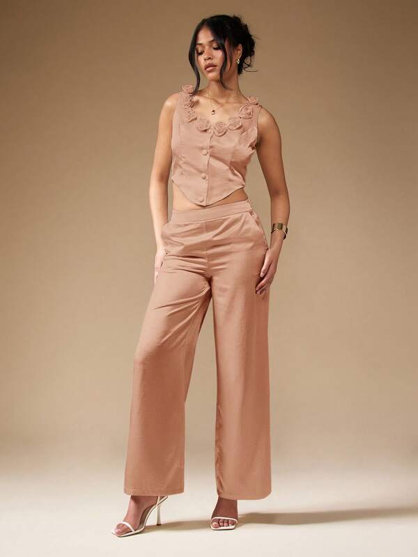 Missguided MISSGUIDED Satin Floral Trim Corset Top Wide Leg Pants Two Piece Outfit