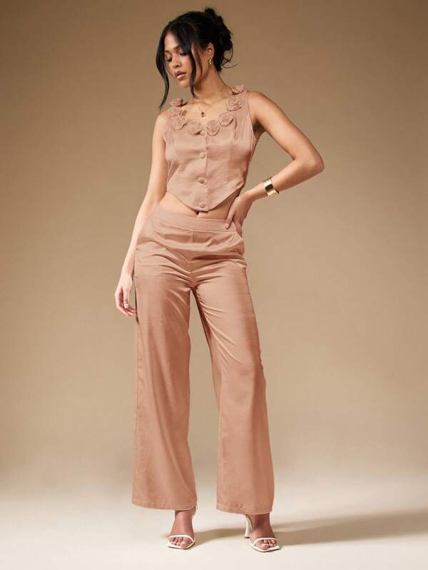 missguided MISSGUIDED Satin Floral Trim Corset Top Wide Leg Pants Two Piece Outfit